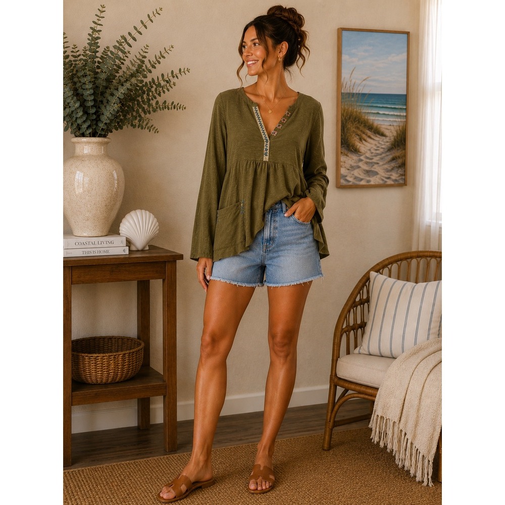 Anthropologie Little Yellow Button Olive Green Embroidered Babydoll Top Boho‎ XS